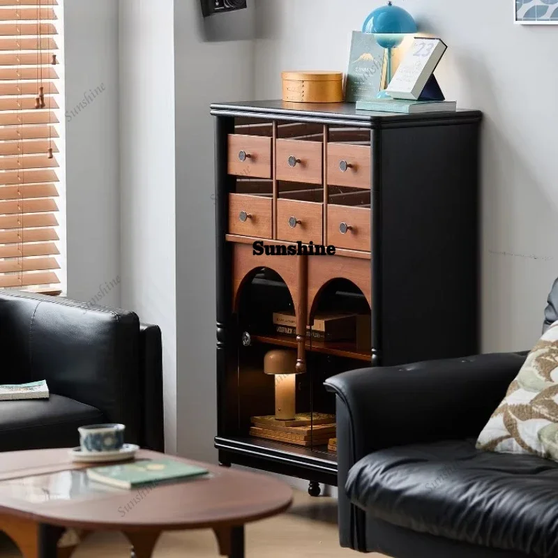 

French retro solid wood bucket small apartment living room wall storage low dining side cabinet FT