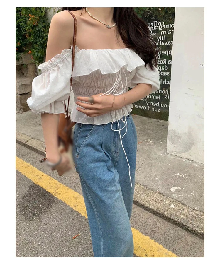 

Women French Vintage White Embroidered Smocked Off Shoulder Tops Crop Top Ruffle Boho Summer Maxi Sundress Blouse Shirt 2026 New