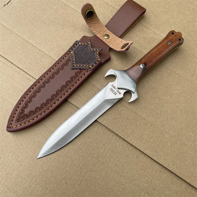 M390 Blade Rosewood Handle Tactical Hunting Knife Camping Survival Tool Edc Self defense Combat Knives with Leather Sheath