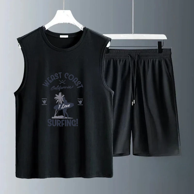 

2025 Men's Summer Sleeveless Casual Sets Blue and purple beach prints Breathable Daily Outfit Comfortable Fashionable gym suits