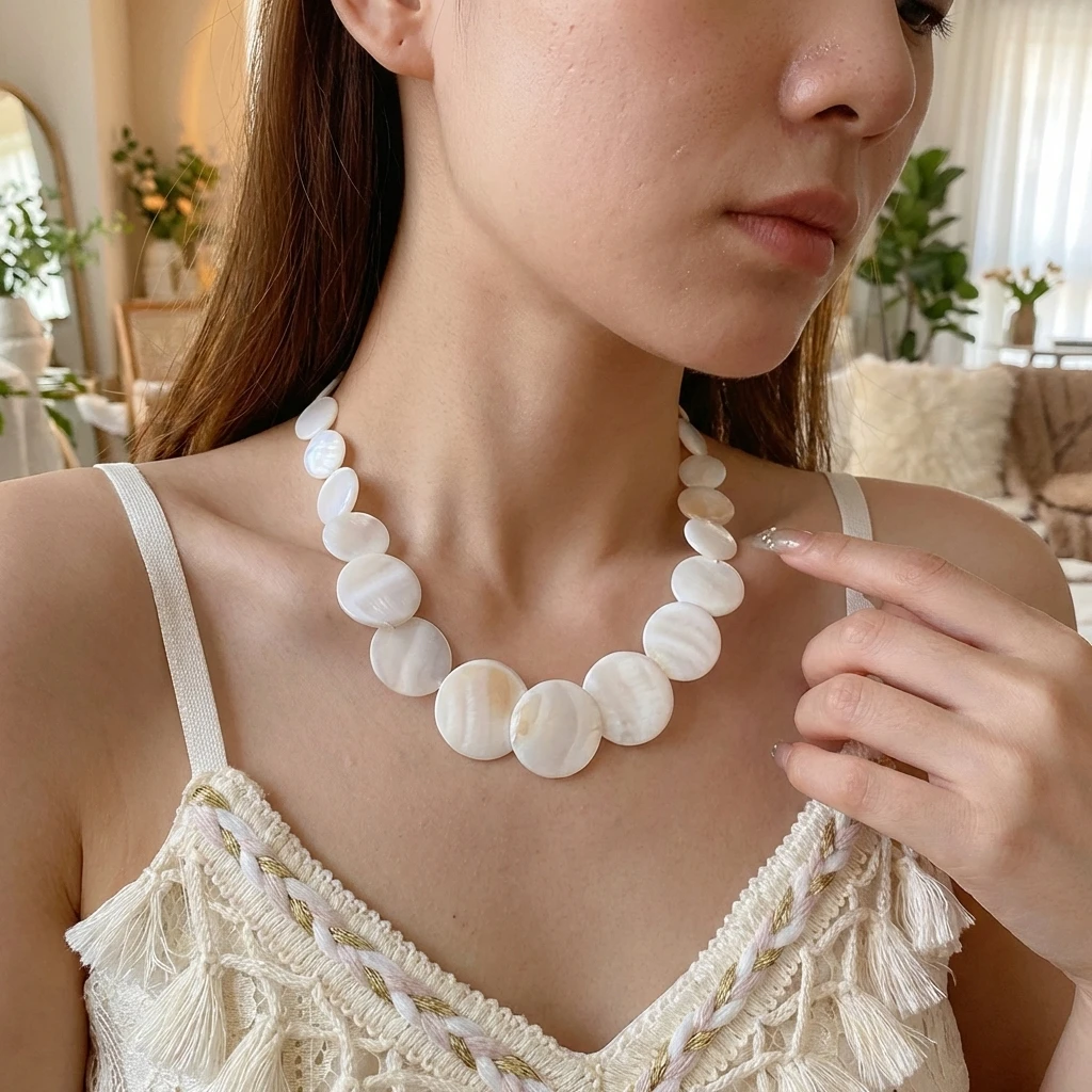 Vintage Runde Weiße Muschel-Choker-Halskette für Frauen, Böhmische Geometrische Spleiß-Ketten mit Anhängern, Vielseitiger Alltagsschmuck – Detail 2