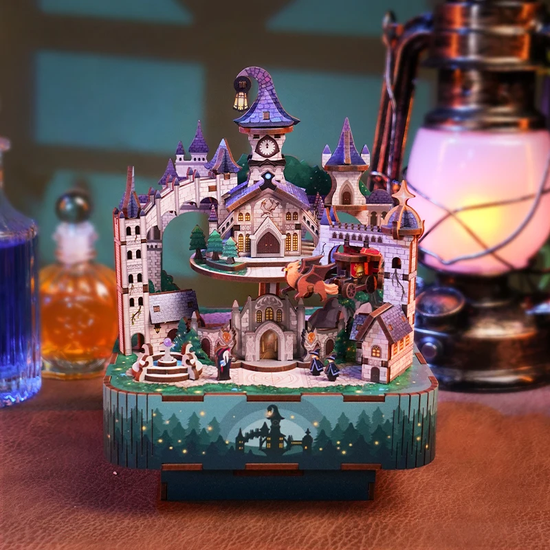 Diy Wooden Magic Castle Music Box Model Building Kits City Street View 3D Puzzle Toys For Children Birthday Gifts Home Decor