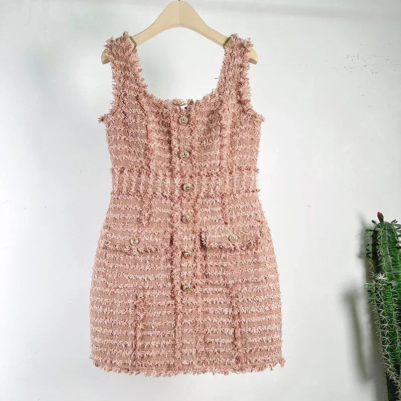 

Luxurious French Women Small Fragrance Party Dress High Quality Bag Hip Waist Sleeveless Vest Pink Tassel Tweed Mini Dress