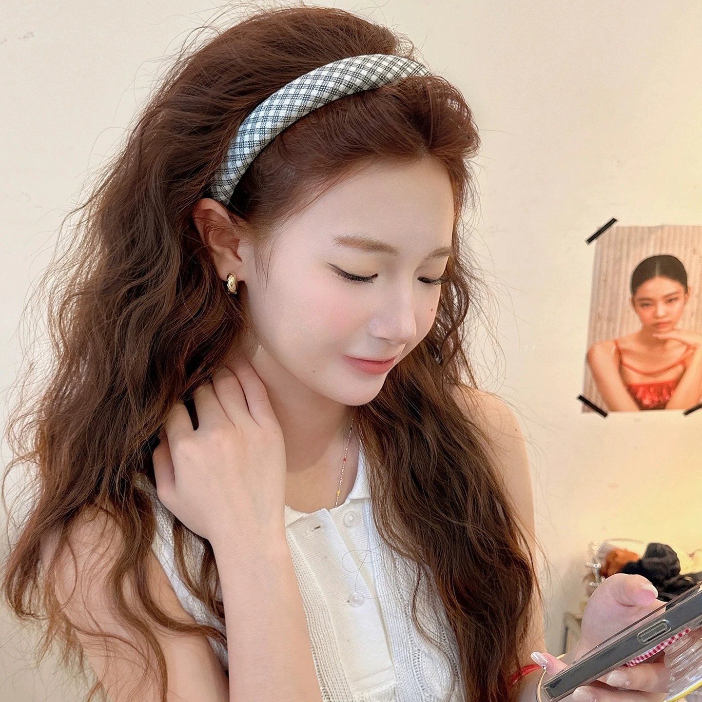 Korean Fresh Plaid Headband for Women High Skull Top Autumn Winter Face Wash Headband Artistic Wide Edge Sweet Sponge Hairpin