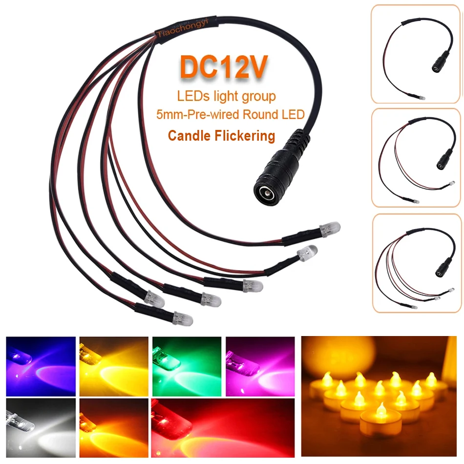 DC12V 5mm migocząca świeca wstępnie okablowany okrągły model LED dioda elektroluminescencyjna pomarańczowy żółty czerwony DIY lampka nocna światło