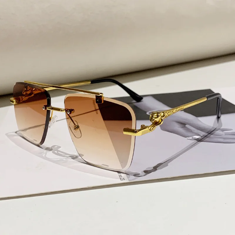 Rimless Square Pilot Sunglasses Women For Men Fashion Vintage Luxury Brand Designer Sun Glasses Punk Metal Gold Leopard Shades image 2