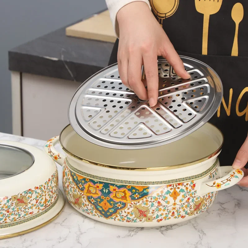 Enamel Steamer Single Layer Short Style Steaming Pot Ideal for Seafood and Stews Gas and Induction Compatible