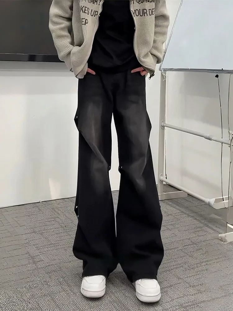 

Retro Waed Blue Denim Jeans Men's American Vibe Sle Rivet Pleated Workwear Micro Flared Straight Leg Wide Leg Pants