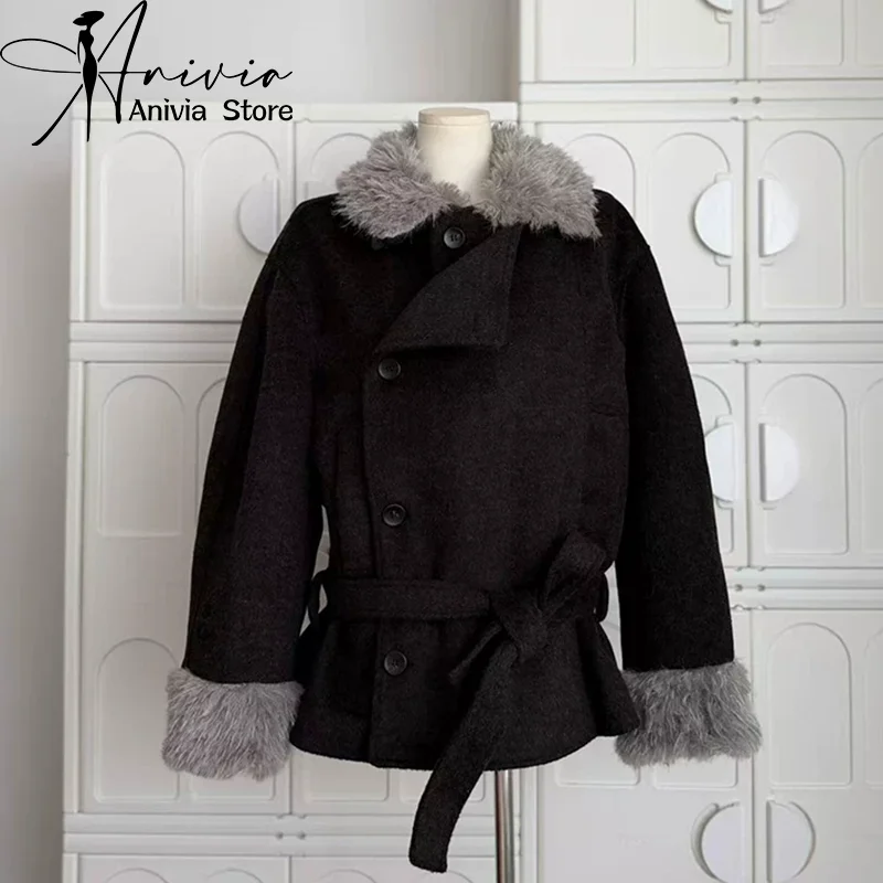Women's Black Brown Melanin Collar Long Sleeve Winter Cotton Jacket Fur Collar Streetwear Aesthetic College Retro Cold-Resistant