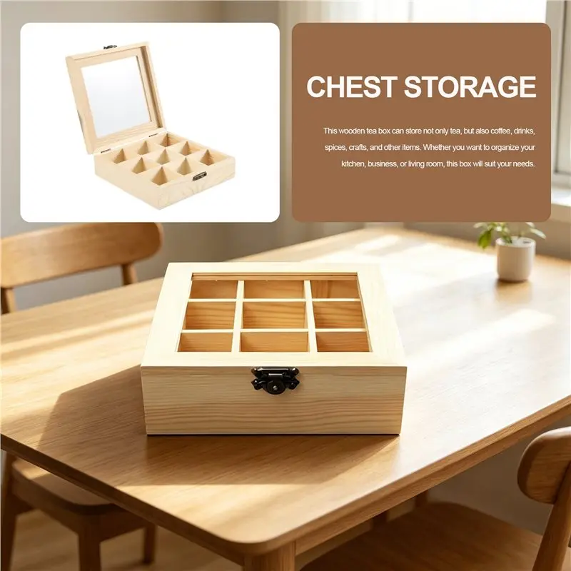 ●Tea Storage Box With 9 Compartments, Transparent Glass Top, Multifunctional Storage Box That Can Store Various Tea Bags Durable