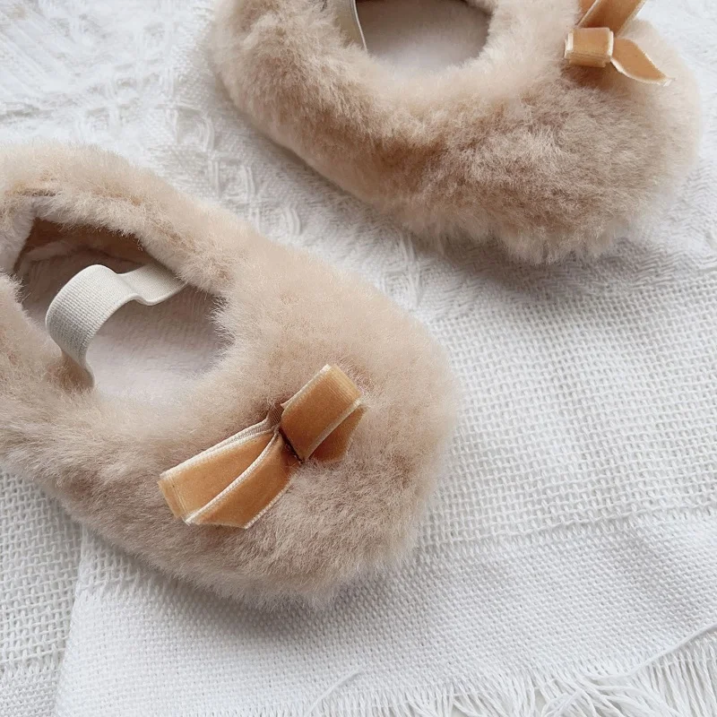 Sapatos Antiderrapantes para bebês recém-nascidos, Princesas, Monocromáticas, Laço, Pelúcia, Fofo, Velo, Quente, First Walker, Inverno, 0-18Months, 2023