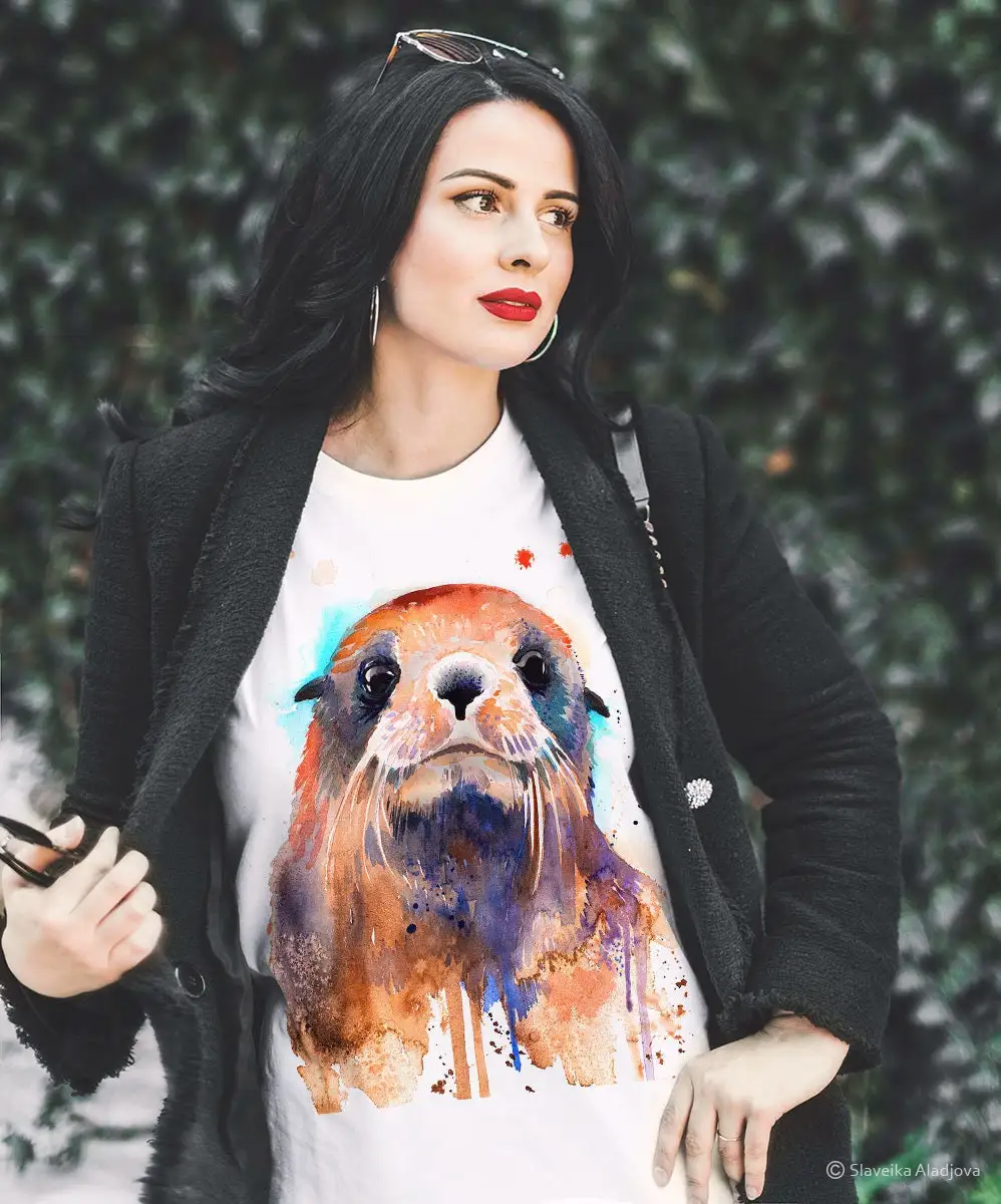 Fur seal T shirt ring spun Cotton 100 watercolor print art animal XS S M L XL XXL