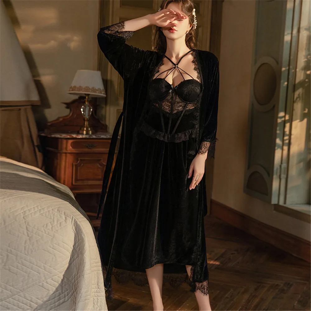 

Elegant Female Velvet Long Twinset Robe Nightgown Sexy Black Velour Sleepwear Backless Nightdress Homewear Nightwear