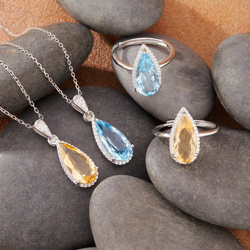 

Unique Teardrop Shapes925Pure Silver Colorful Gemstone Jewelry Natural Topaz Citrine Ring for Women Hot Sale Wholesale