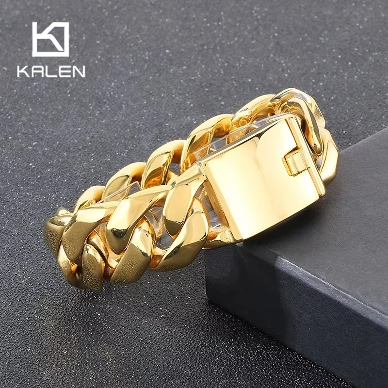 

Мужской браслет KALEN из нержавеющей стали 316L, 24 мм, кубинская цепь, черный цвет, 22 см, массивная цепочка, модное украшение для вечеринок, подарок