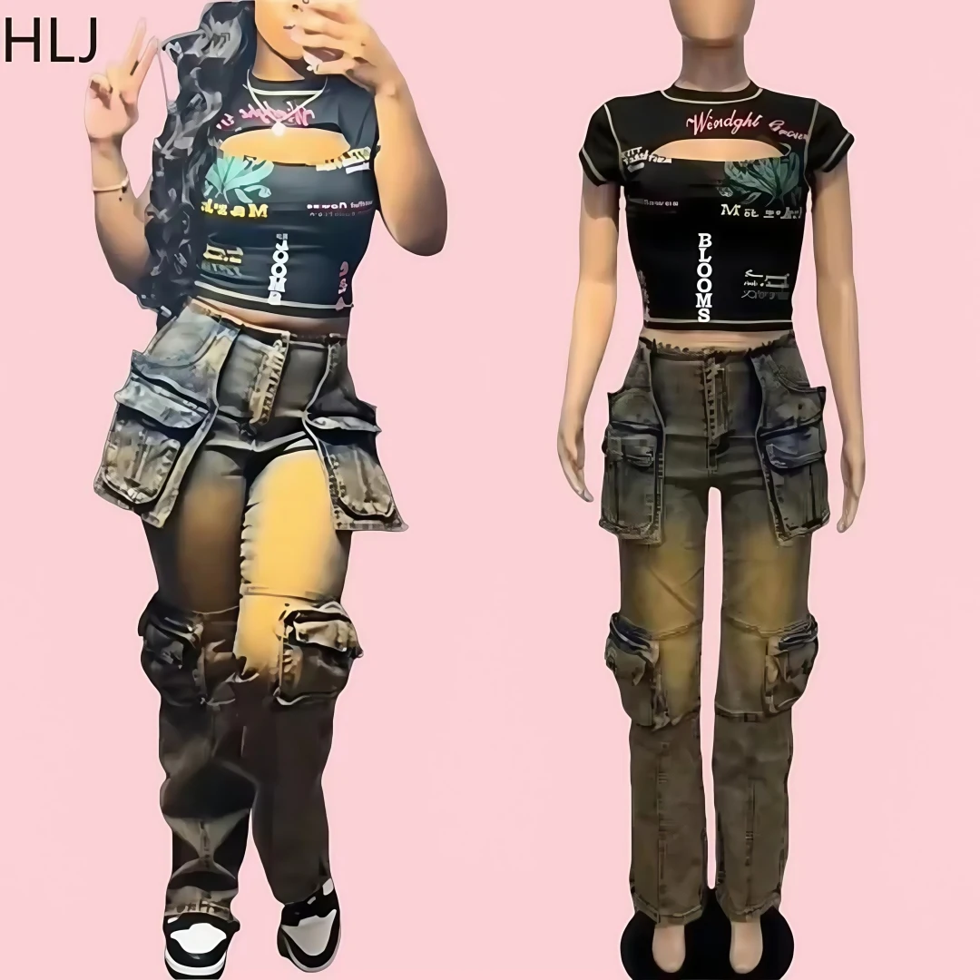 

HLJ Y2K Fashion Punk Cargo Jean Pants Two Piece Sets Women Hollow Out Short Sleeve Slim Crop Top And Straight Denim Pants Outfit