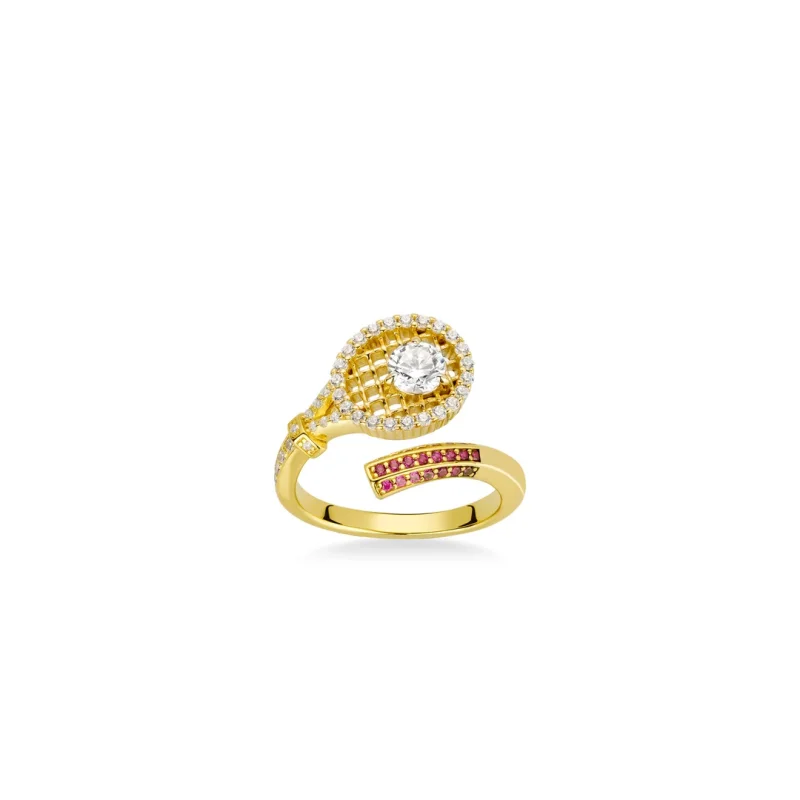 

Bellux 925 Silver Gold Plated Synthetic Zircon Gold Full Diamond Ruby Tennis Racket Hollow Unique Ring
