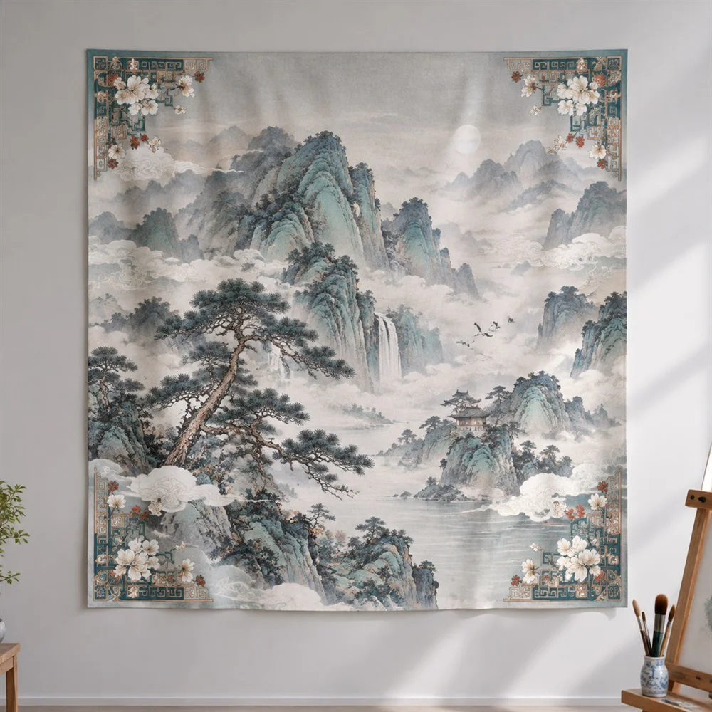 VIKAMA Chinese Blue Green Landscape Corner Motif Tapestry Wall Hanging, Oriental Wall Decor Tapestries for Bedroom Nursery