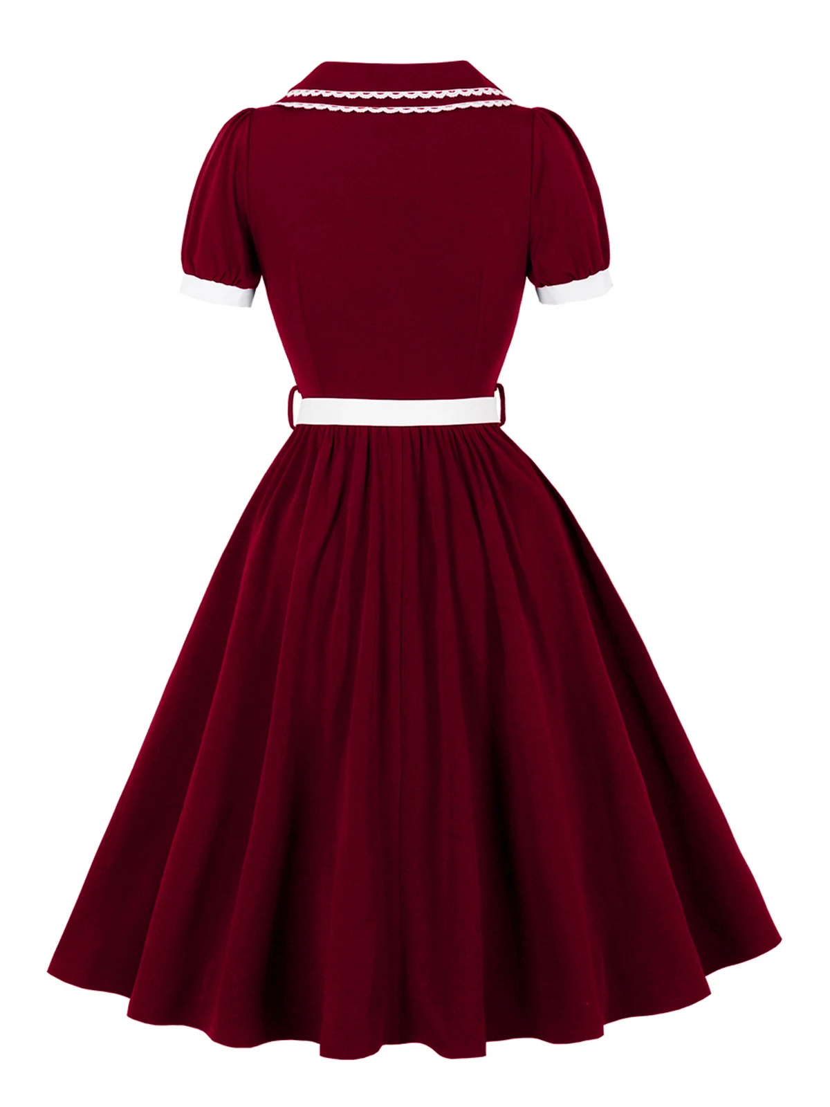 Tonval Spitzenbesatz bestickter Peter-Pan-Kragen Vintage 1950er-Jahre-Partykleidung für Frauen Knöpfe vorne mit Gürtel Midi-Swing-Kleider – Detail 5