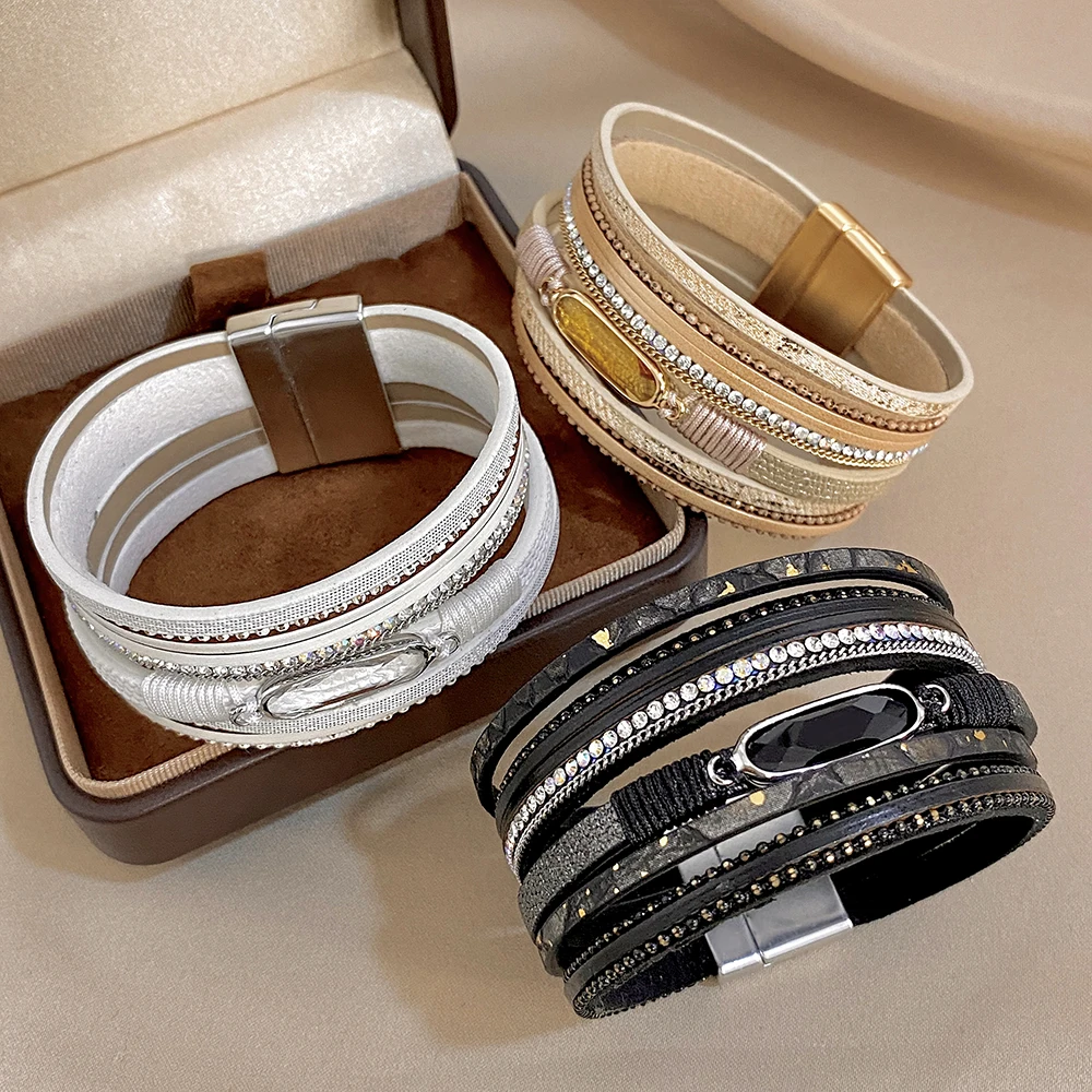 ALLYES Vintage Oval Crystal Braided Leather Bracelet for Women Chunky Multilayer Wrap Wide Bangle Bracelets Luxury Jewelry
