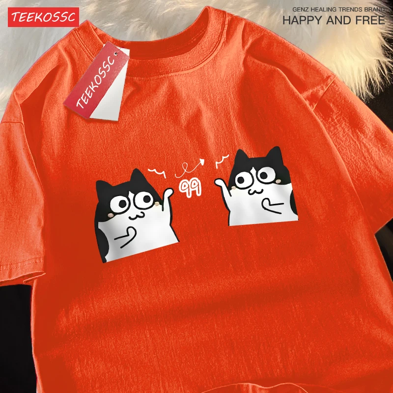 Niedliches T-Shirt mit Cartoon-Katzen-Muster für Herren, bequemes, lockeres T-Shirt, Sommer, lässige Mode, kurzärmelige Unisex-Baumwollkleidung