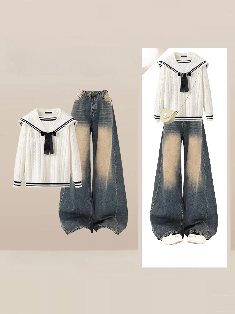 

Осень-зима, новый темно-синий свитер с воротником и узлом, вязаный свитер Dr, женские антивозрастные широкие джинсы, комплект для колледжа