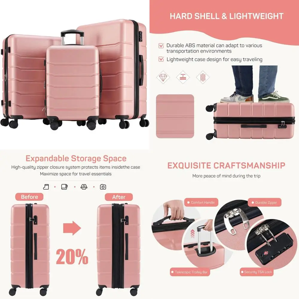 مجموعة أمتعة دوارة ذات هيكل صلب قابلة للتوسيع مع قفل TSA، وردي، مقاسات 20-28 بوصة #1