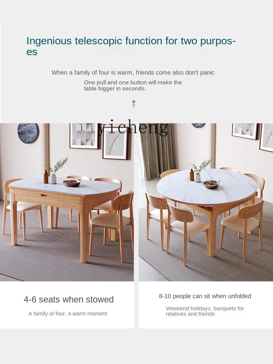 ZC Solid Wood Stone Plate Retractable Dining Table Household Square and round Dual-Use Ash Dining Table Variable round Table