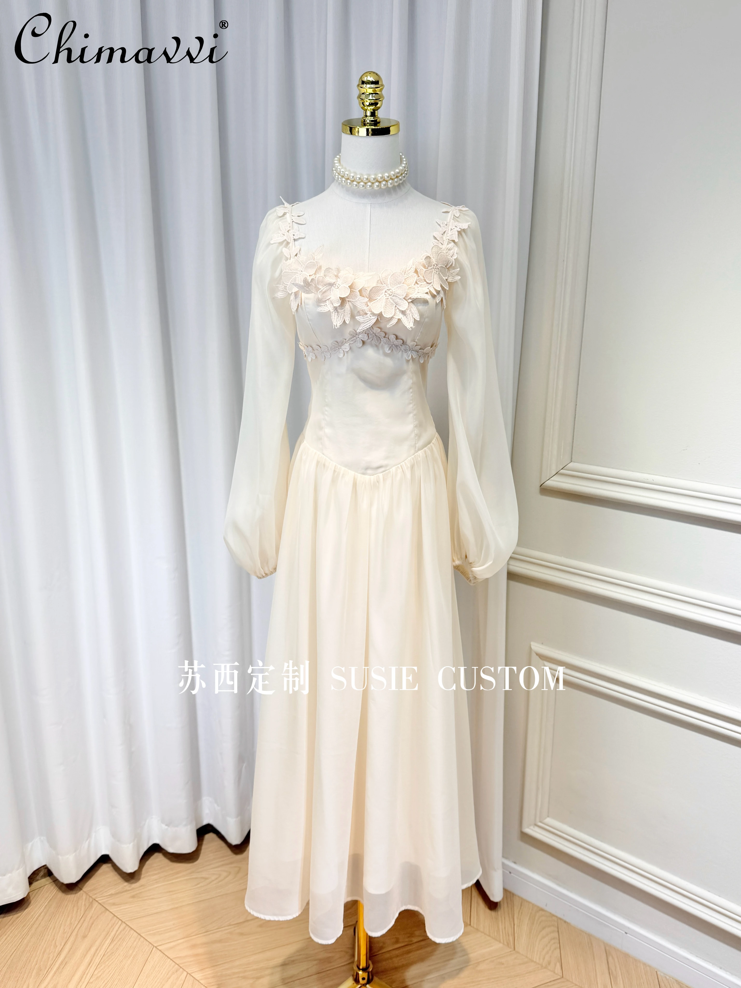 

French Style Elegant 3D Embroidered Floral Square Neck Mesh Spliced Puff Sleeve High Waist Slim A-line Evening Long Dress Women