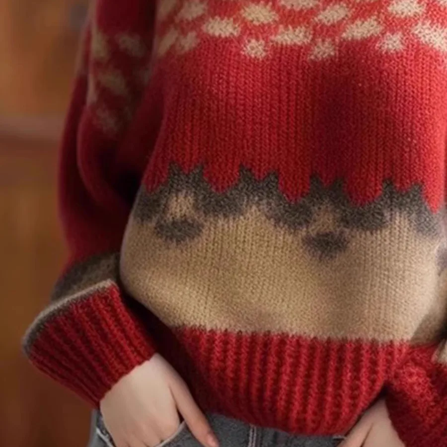 Suéter de malha Thiened feminino outono inverno novo Sle Lazy Faion solto top de malha redondo Ne Stripe Padrão Floral Emb...