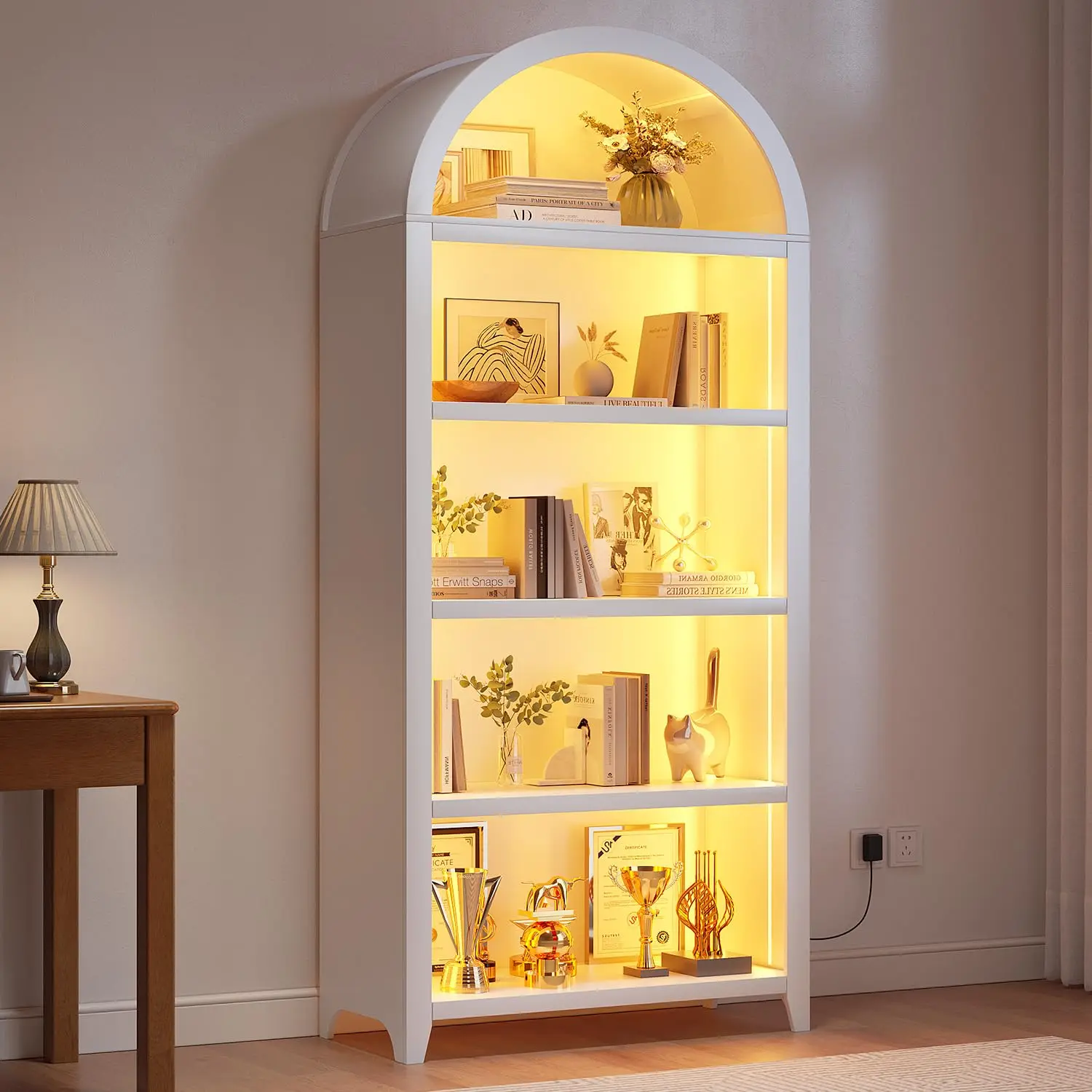 Arched Bookcase 5-Tier LED Sensor Light White Wood Display Shelf Living Room Bathroom Storage, Customized