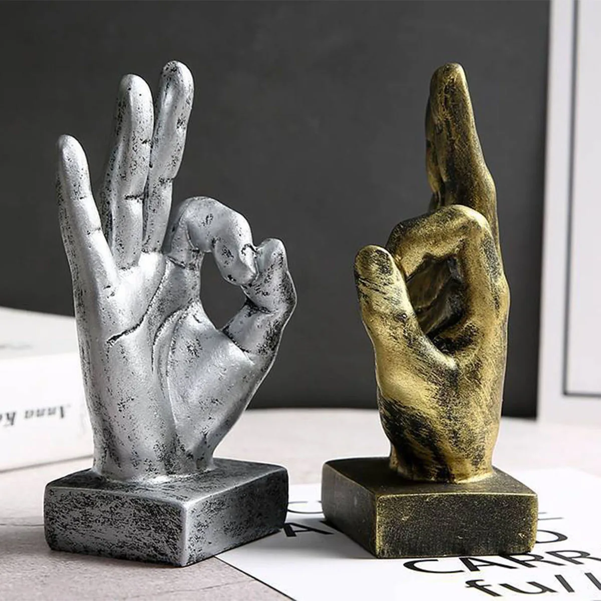 

Hand Finger Gesture Statues Desktop Figurine Sculpture, Modern Style Art Ornament for Home Living Room Cabinet Shelf Decoration
