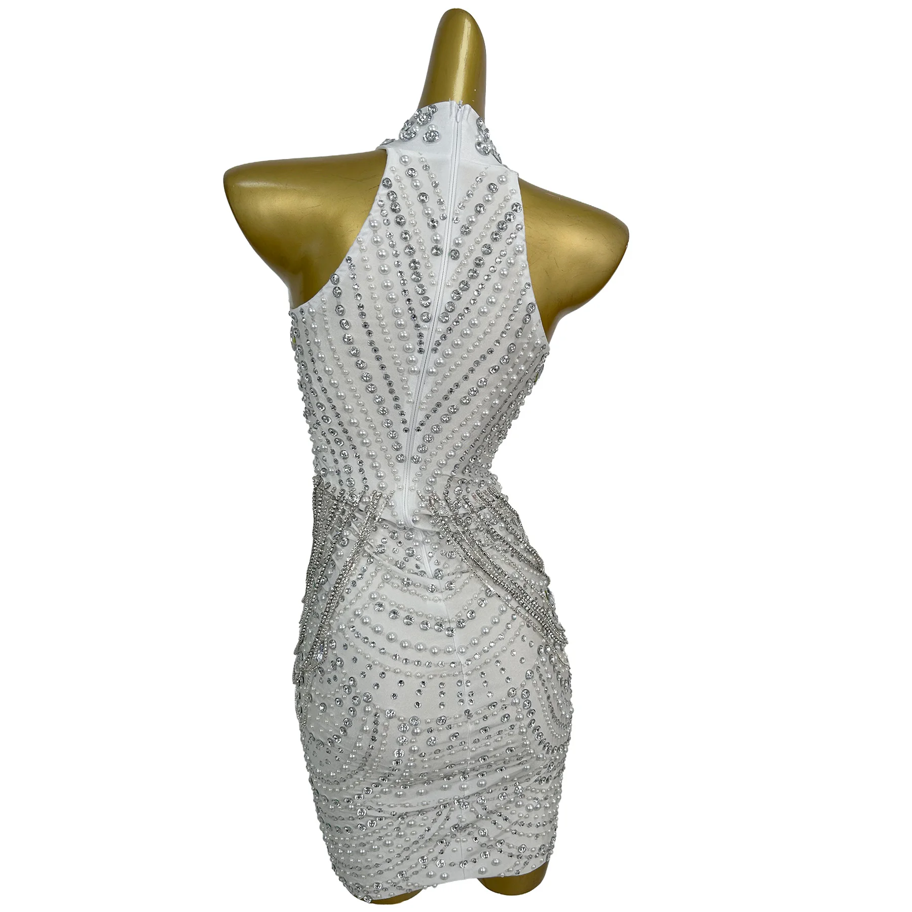 

Miwuduanqun Women Luxury White Rhinestone Chain Halter Neck Sexy Bodycon Mini Dress Sparkly Beaded Evening Party Club Gown