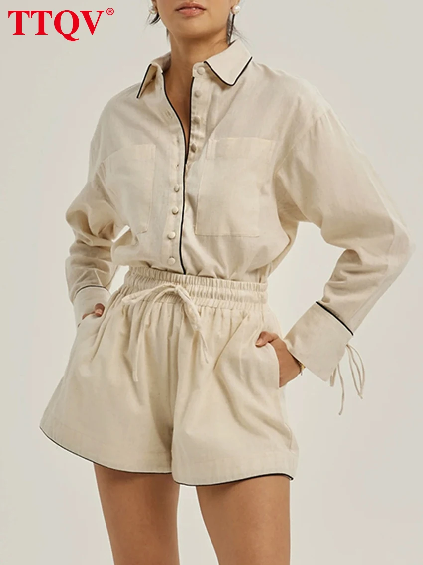 

TTQV Fashion Loose Beige Cotton 2 Pieces Set For Woman 2026 Elegant Long Sleeve Shirt With High Waist Shorts Set Female Clothing