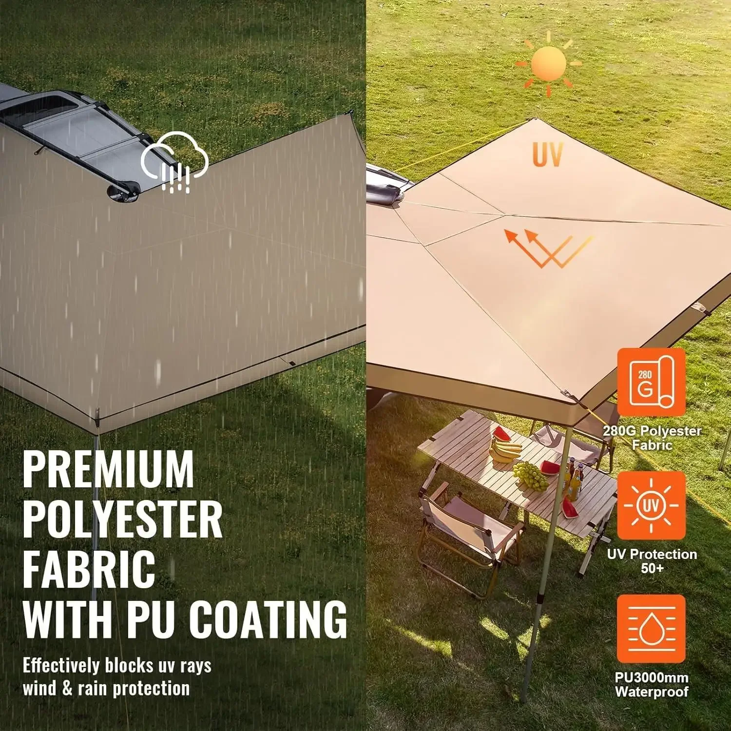 مظلة مركبة فوقية 270 درجة، قائمة بذاتها، مأوى سيارة مقاوم للماء من جانب السائق، مظلة مركبة UV50+ لشاحنة الدفع الرباعي