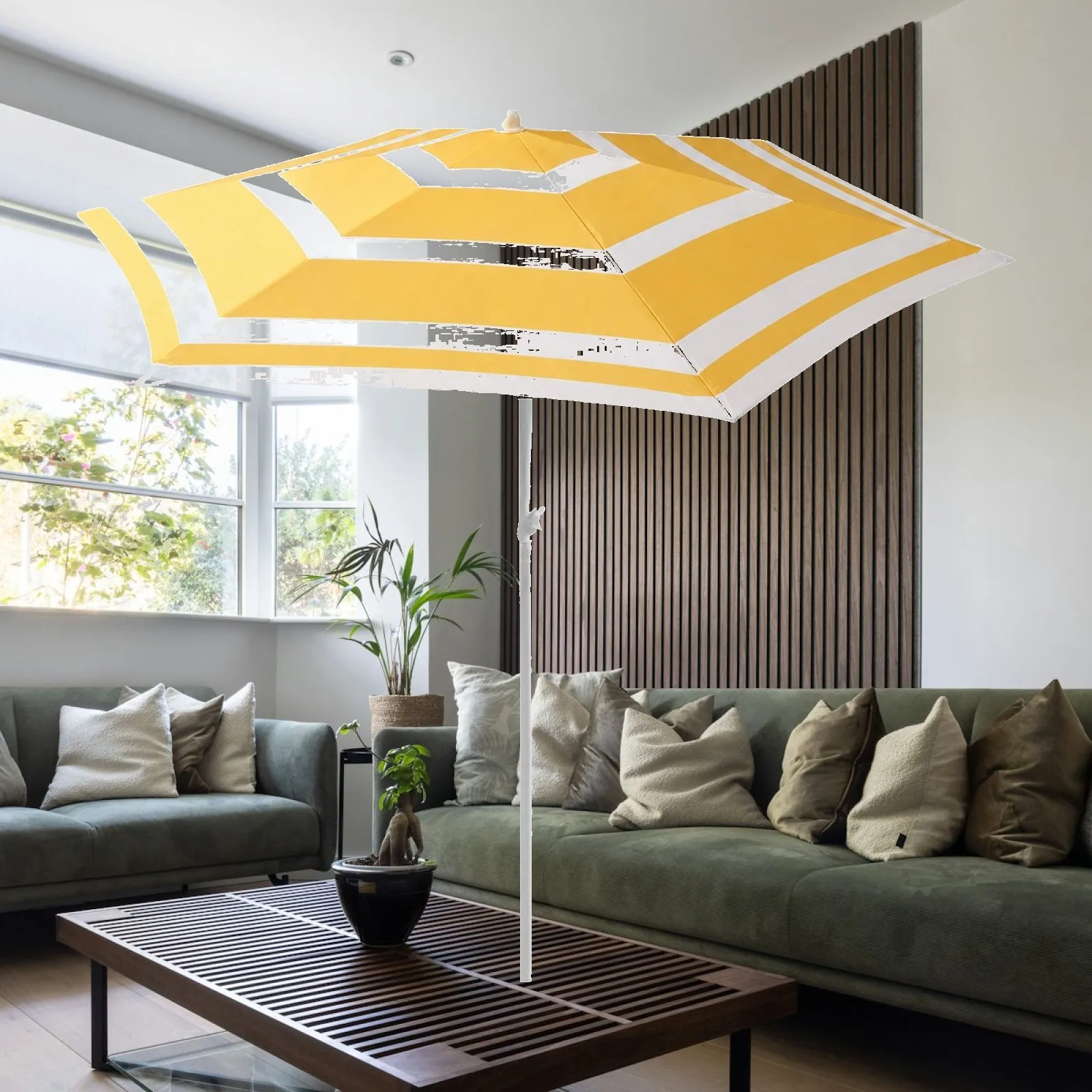 Freestanding Yellow Stripe Umbrella Water Repellent Pongee Fabric Sturdy 3.2cm Pole Foldable Parasol for Outdoor Garden Cafe