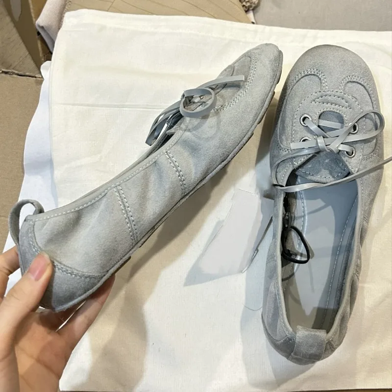 Womens Suede Bow Lace Up Ballet Flats Soft Sole Casual Flat Shoes Lightweight Comfortable Slip on Daily Walking Fashion Footwear