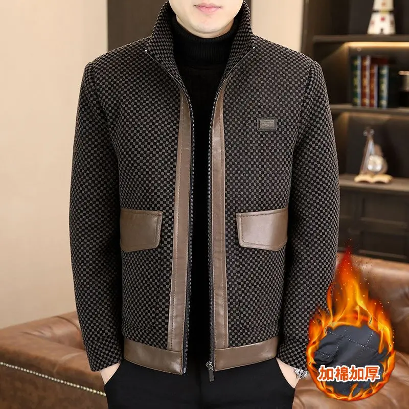 High Quality Winter PU Patchwork Woolen Jacket for Men Fashion Stand Collar Casual Business Trench Coat Office Social Overcoat