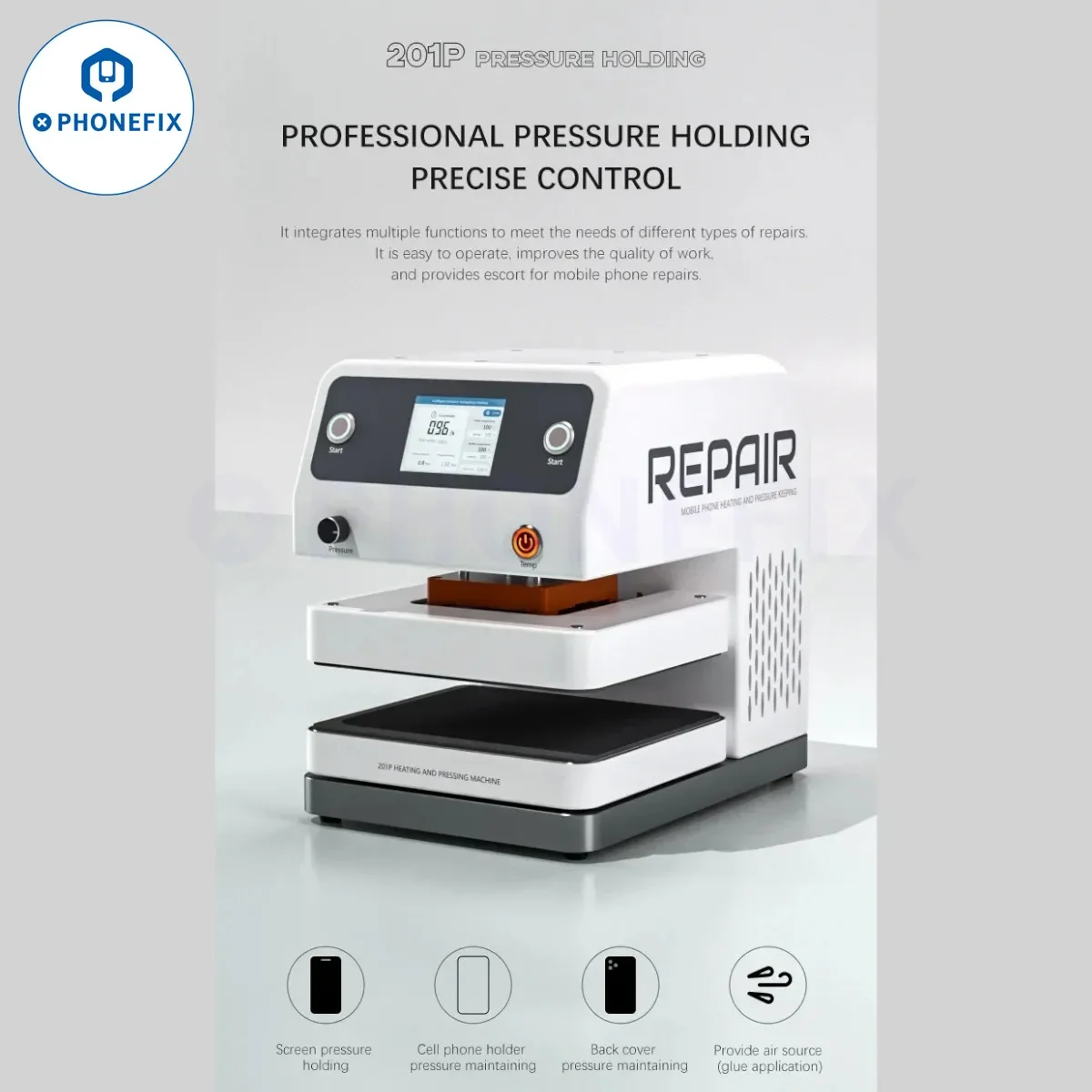 Máquina de presión de calefacción inteligente TBK 201P, bomba de aire integrada para iPhone, iPad, Android, soporte de pantalla, reparación de unión de cubierta trasera