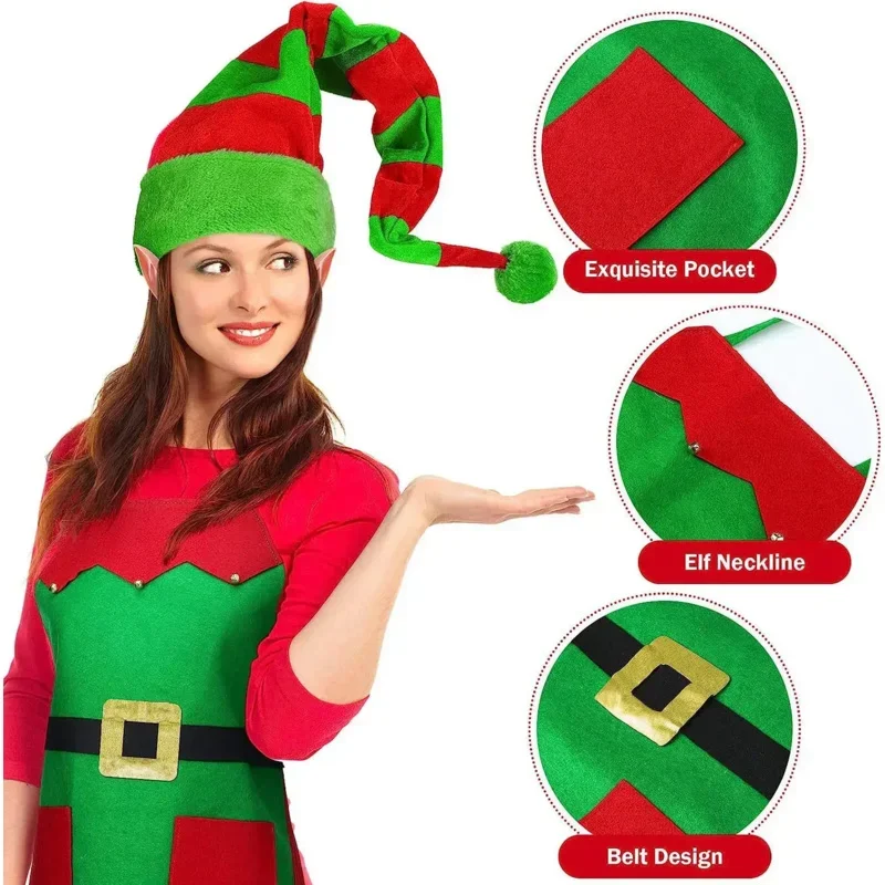 Sn88 2024 trajes de elfo de natal conjuntos de correspondência para mulheres meninas adulto natal papai noel traje engraçado avental meias sapatos headba