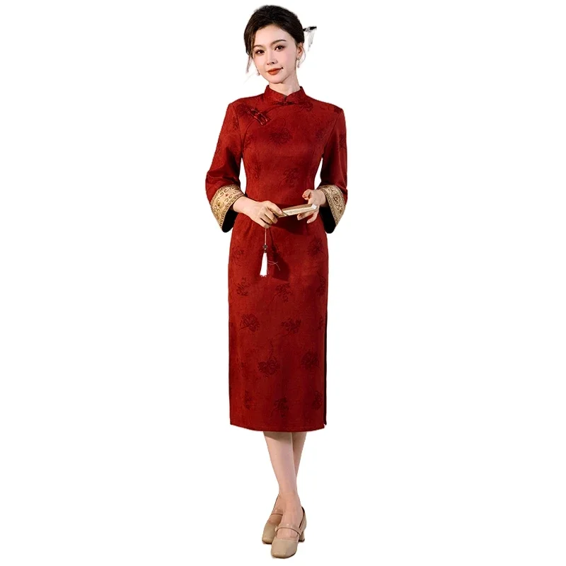 

Fashion Vintage Style Evening Wear Luxury Suede Velvet Qipao - Modern Oriental Dress Flared Sleeves asian dress
