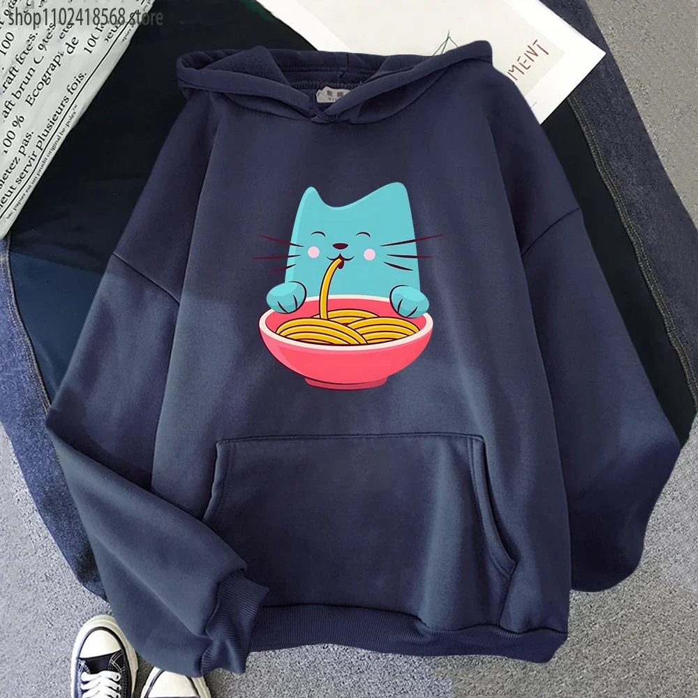 

Cat Eating Spaghetti Hoodie Aesthetic Men Fashion Animal Graphic Sweatshirt Korean Style Streetwear Women Four Seasons Sudaderas