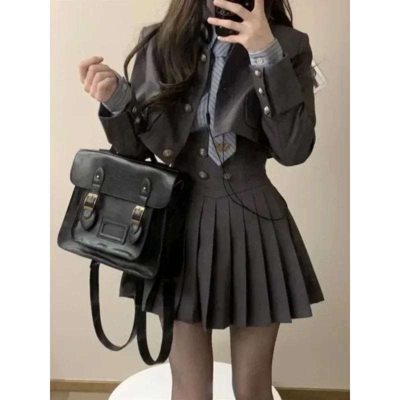 الشتاء خمر 3 قطعة مجموعة المرأة المرقعة Kawaii تنورة دعوى الإناث الكورية موضة معطف قصير مطوي تنورة مخطط قميص 2024