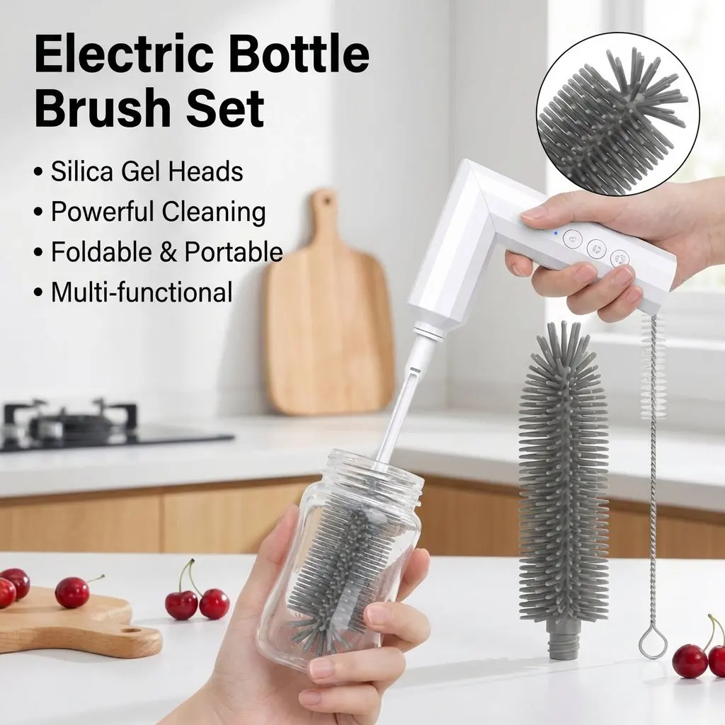 Electric Silicone Bottle Brush Long Handle Rotating Cleaning Brush Foldable Nipple Brush Cup Cleaner for Baby Feeding Bottles