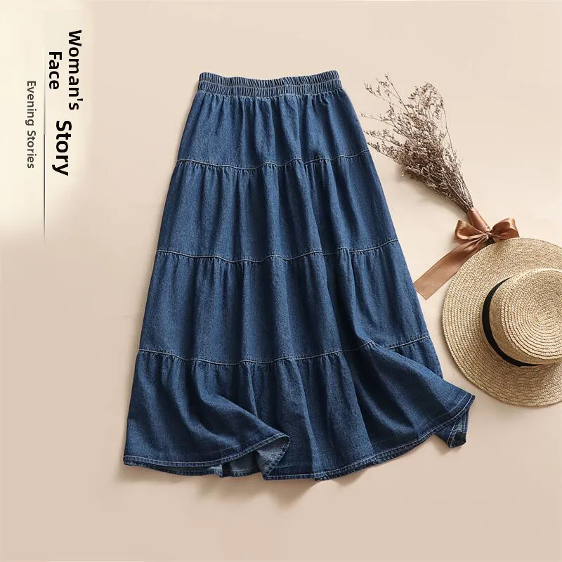 

Summer New Sle Retro Knee-Length Cotton Denim f Skirt Patchwork Versatile Cake Skirt mid Waist A-Line Sweet Sle
