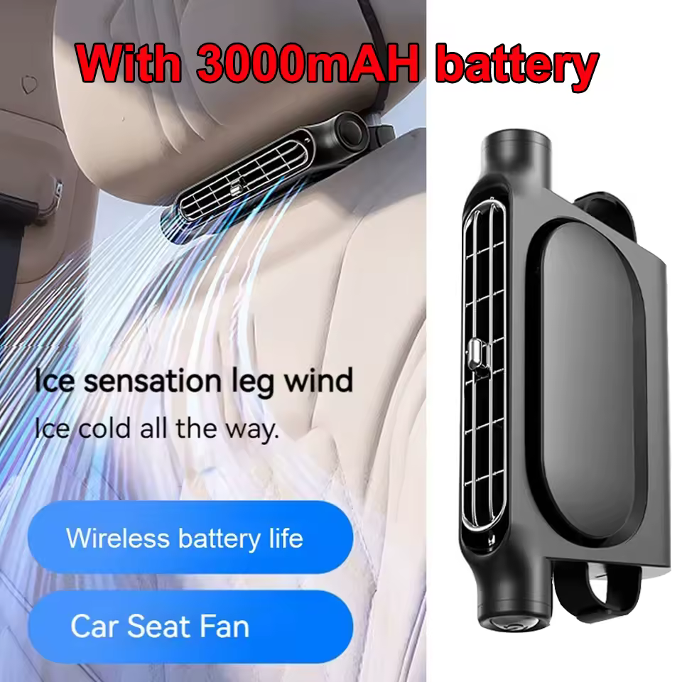 Car Seat Fan Amazing Breezes and Supreme Pleasant Cool Airs. Front passenger using the Car Seat Fan for cooling.