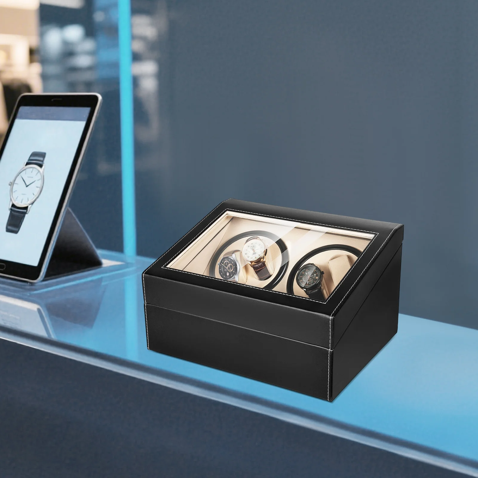 

Watch Winder, Automatic Watch Winder Box for 4+6 Watches Leather Case W/ 6 Hard Pillows Non-Magnetic Design for Mechanical Watch