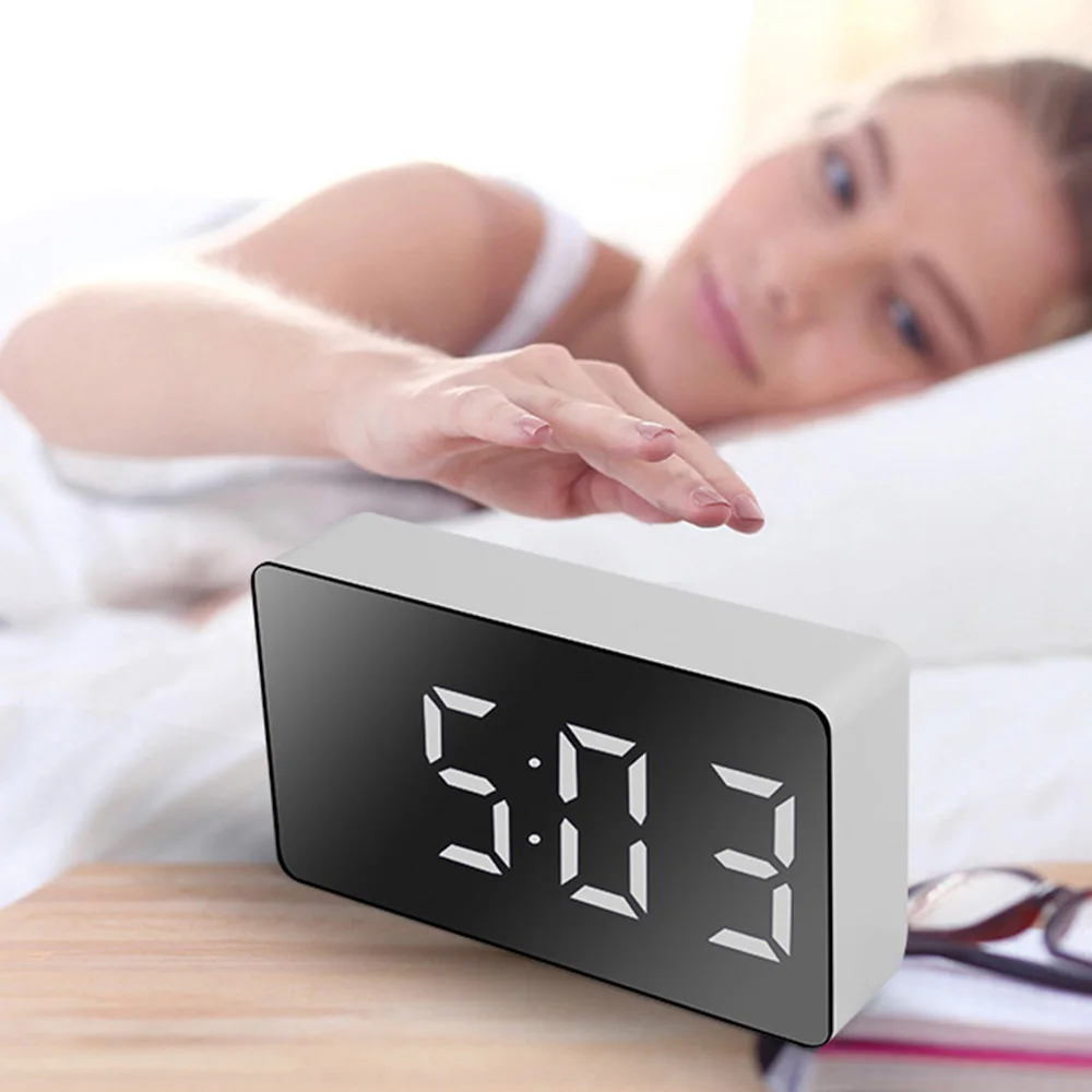 LED Digital Mirror Alarm Clock Snooze Display Time Night Light Mini Desktop Clock Rechargeable Bedroom Bedside Clock Car Watch