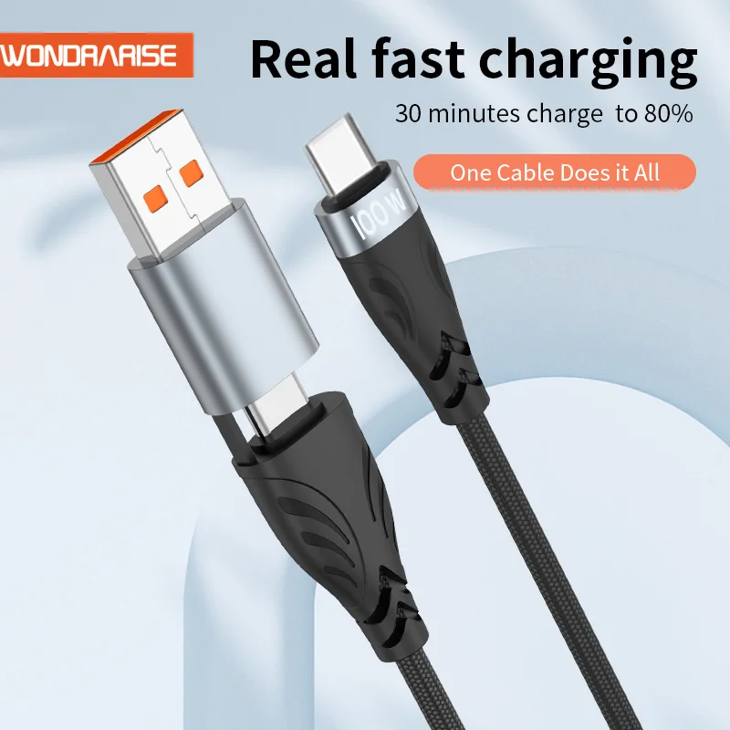 WONDRARISE 2-in-1 USB Type C Cable for Samsung Galaxy S24/S23 | 100W Fast Charging & Data Sync | Durable, Tangle-Free USB Charge