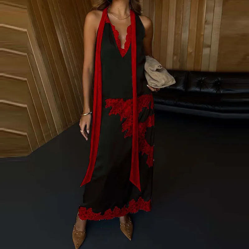 

Новый банкетный кружевной женский наряд, сексуальный топ без рукавов с лямкой на шее и длинной юбкой, комплект из двух предметов, повседневный однотонный праздничный костюм